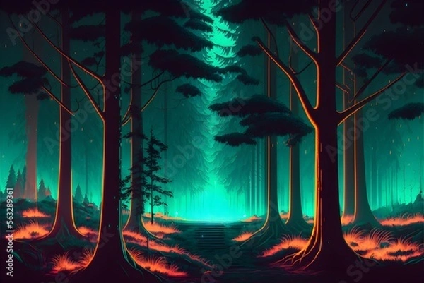 Fototapeta A neon-lit magic forest, generative ai