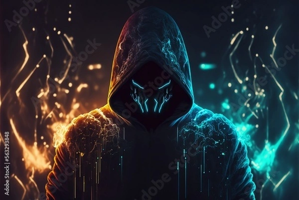 Fototapeta Abstract hooded hacker with hidden face,Technology cyberpunk background ,Cinematic ,Generative ai