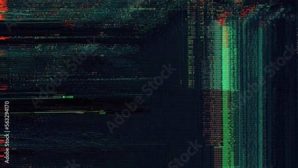 Fototapeta Abstract futuristic green and red digital glitch overlay on black background. Distorted sci-fi cyberpunk concept illustration for HUD and virtual reality screen design motion graphics as backdrop.