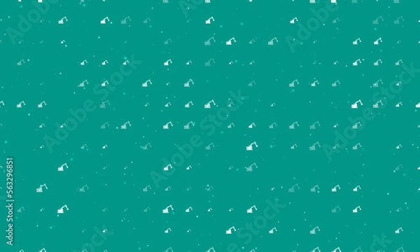Fototapeta Seamless background pattern of evenly spaced white excavator symbols of different sizes and opacity. Vector illustration on teal background with stars
