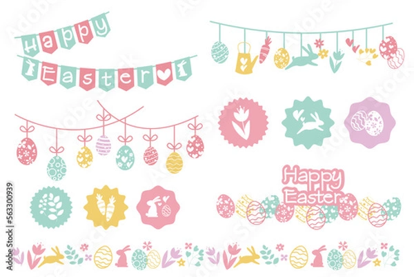 Fototapeta Set of Easter elements. Happy easter icons for design. Rabbits, eggs, flower and leaves decorative elements for Easter event design. Vector illustration.