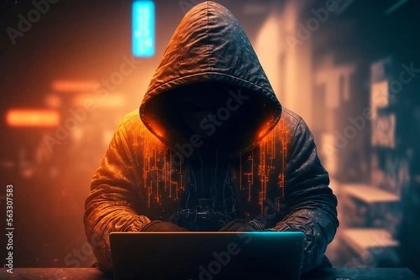 Fototapeta Abstract hooded hacker with hidden face, working on laptop,Technology cyberpunk background ,Cinematic ,Generative ai