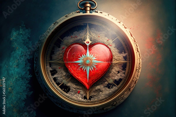 Fototapeta Beautiful fantasy compass in the shape of a heart, Generative AI