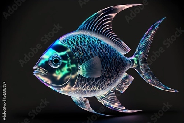 Obraz A neon-lit silver fish on dark background, generative ai 