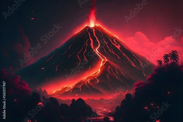 Obraz A red neon-lit erupting vulcano, generative ai