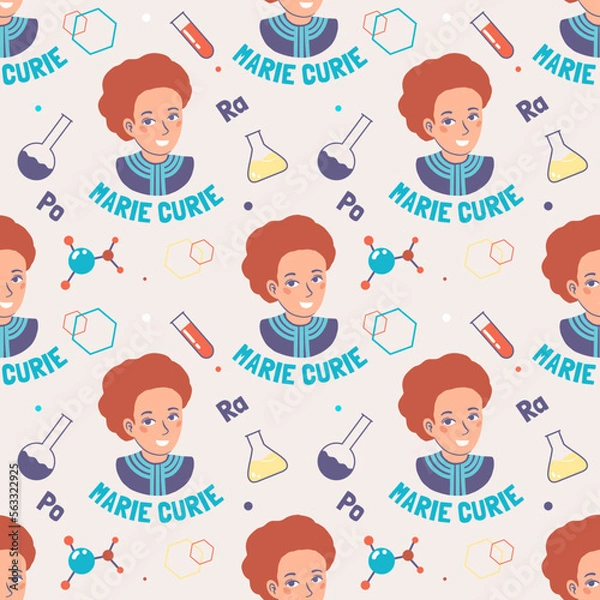 Fototapeta Marie Curie cartoon portrait with laboratory items, seamless pattern with hand drawn vector illustrations
