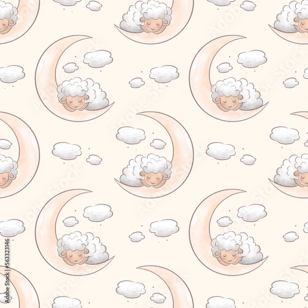 Fototapeta Sheep sleeping on the moon, seamless pattern with hand drawn illustrations
