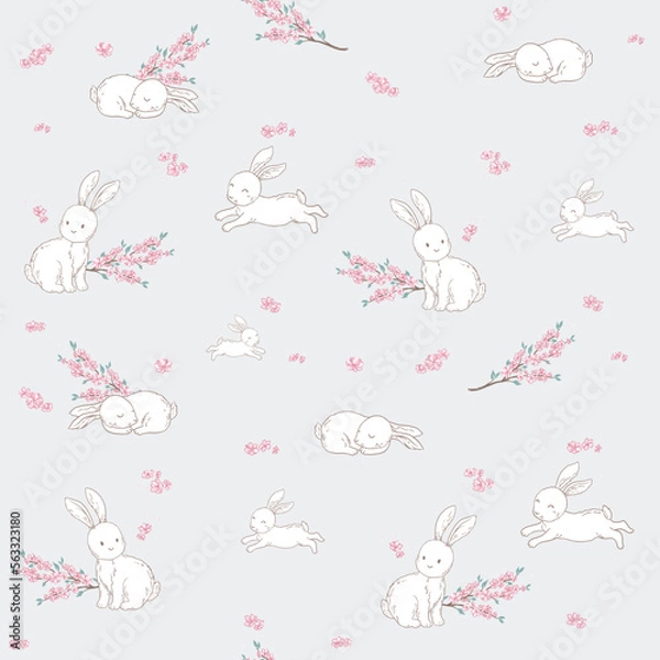 Fototapeta Bunny and Sakura blossom, seamless pattern with vector hand drawn illustrationS
