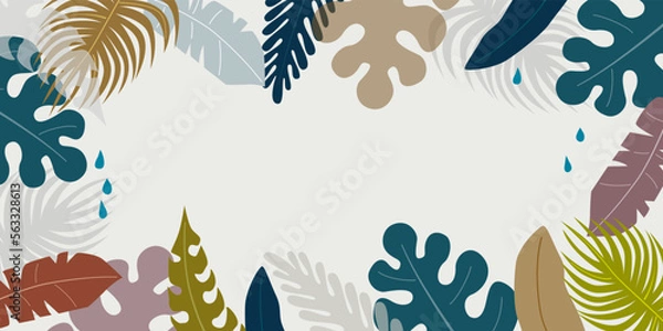 Fototapeta Modern concept design with tropical leaves, dense jungle. Minimalistic botanical frame, summer background and banner, trendy colors, summer panorama, colorful design