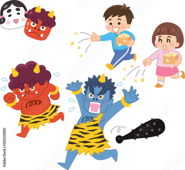 Obraz 節分の豆まき　豆を撒く子供　逃げる鬼