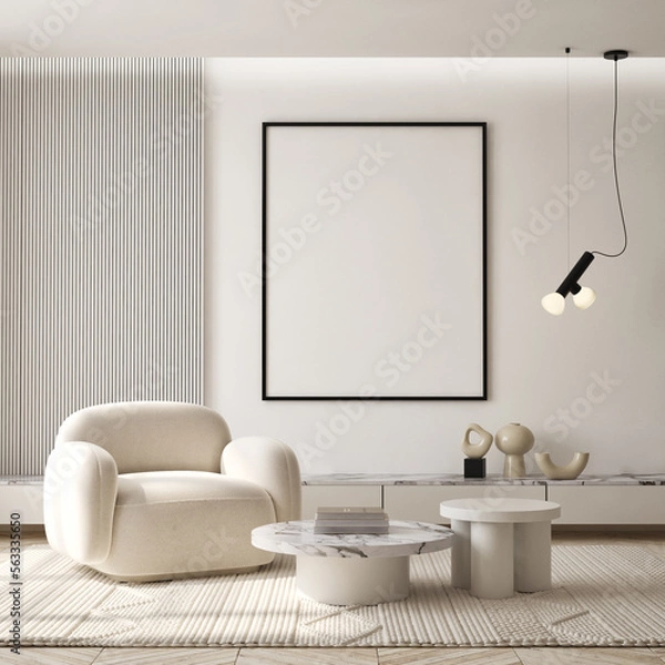 Fototapeta Mockup poster frame on the wall of living room. Luxurious apartment background with contemporary design. Modern interior design. 3D render, 3D illustration.