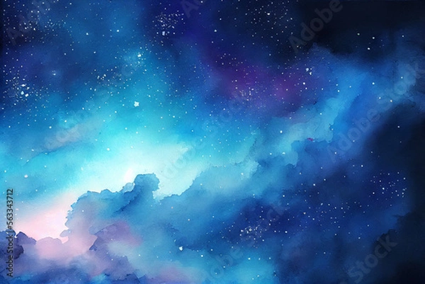 Fototapeta 青い星空雲の水彩素材、きらめく星、青い天の川の背景