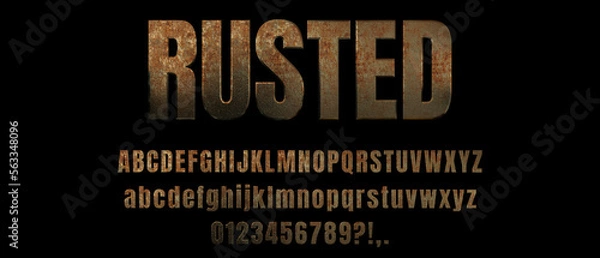 Obraz Rusted metal font design with uppercase lowercase letters and numbers, bold typeface, rust texture alphabet for poster, banner or website