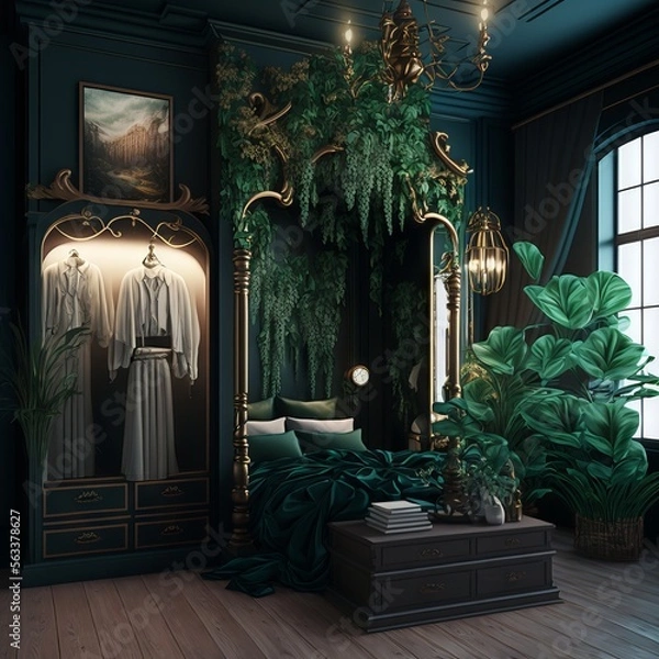 Fototapeta Art Nouveau designed bedroom with plants. Made with Generative AI