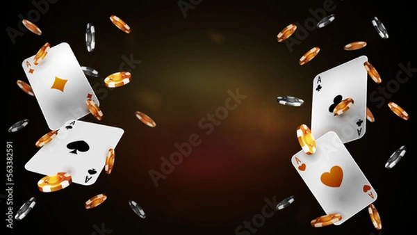 Obraz Flying playing cards and poker chips on gold shiny blurred background