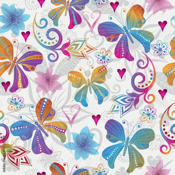 Fototapeta Vector colorful seamless gradient pattern with hearts, flowers and butterflies