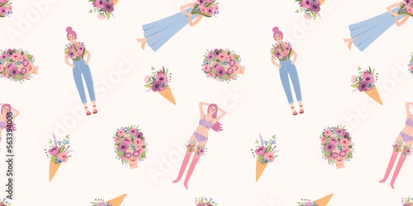 Fototapeta Seamless pattern with cute women. Vector design concept for Happy Women s Day and other