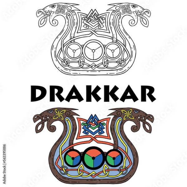 Fototapeta Viking Drakkar. Drakkar ship , vector illustration, isolated on black.