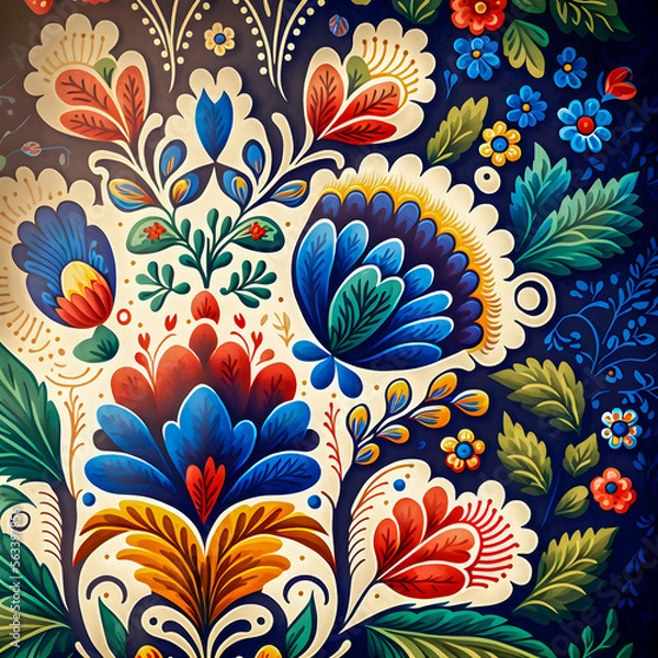 Fototapeta Polski folk w akwarelowy wzór, ręcznie rysowana ilustracja, kwiatowy wzór Generative AI