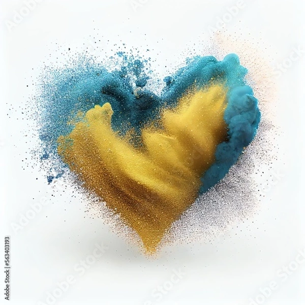 Obraz Blue and yellow exploding heart made from powder on white background. Ukrainian national flag color. Freeze shape motion of color powder explosion. St Valentine's Day card creative idea. AI generative