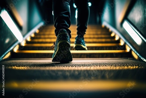 Fototapeta A close up shot of a man's shoes while jogging up a bright yellow staircase underground, generative ai