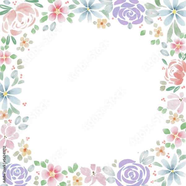 Obraz Cute, floral frame with pastel spring flowers on white background. Romantic, vintage frame with watercolor flowers.