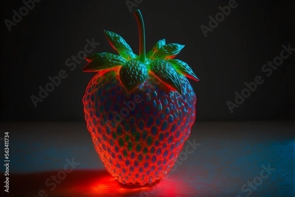 Obraz A neon-lit strawberry on dark background, generative ai