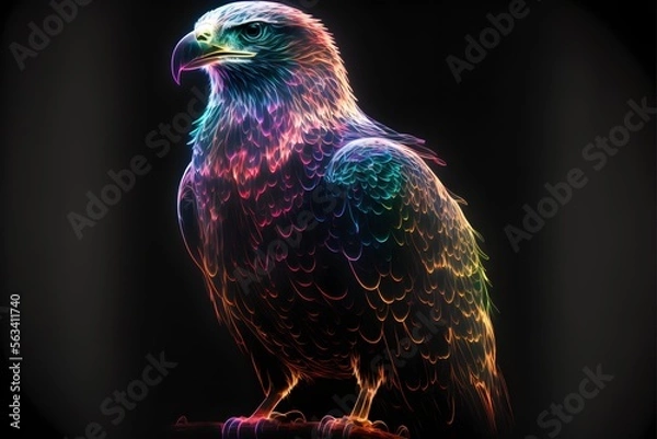 Fototapeta A neon-lit colorful eagle on a dark background, generative ai 