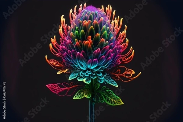 Fototapeta A neon-lit colorful exotic flower on a dark background, generative ai