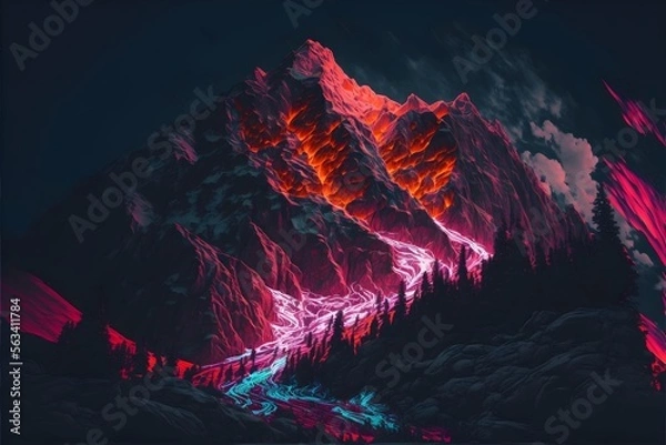 Obraz A mountain with a neon-lit avalanche, generative ai  
