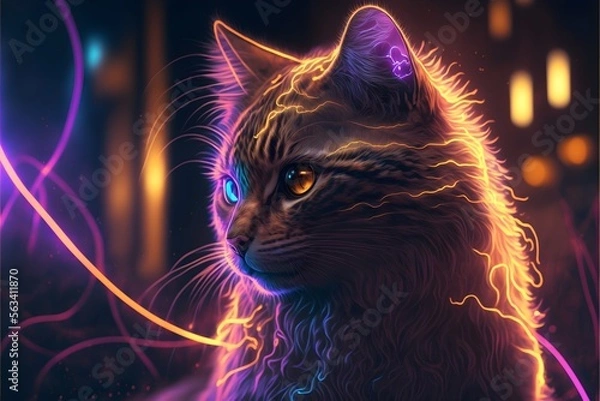Fototapeta A neon-lit magic looking cat