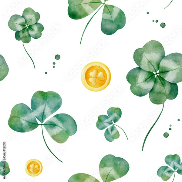 Obraz Watercolor seamless pattern with green shamrock leaves with golden coins. St-Patrick day holiday endless background with hand drawn green shamrock leaves to celebrate Irish tradition.