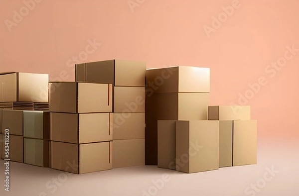 Obraz Piles of unlabeled cardboard package boxes over a flat pink background. Generative AI