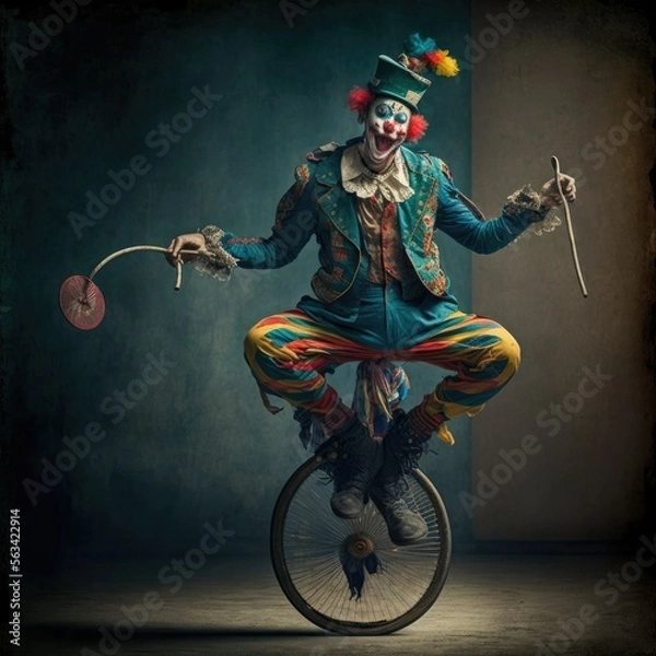 Fototapeta Circus in a clown dance on a unicycle, ai art