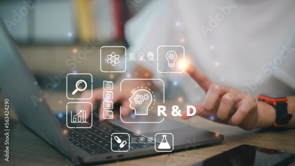 Fototapeta R and D icon for Research and Development on laptop screen. Manage costs more efficiently. R and D innovation concept.
