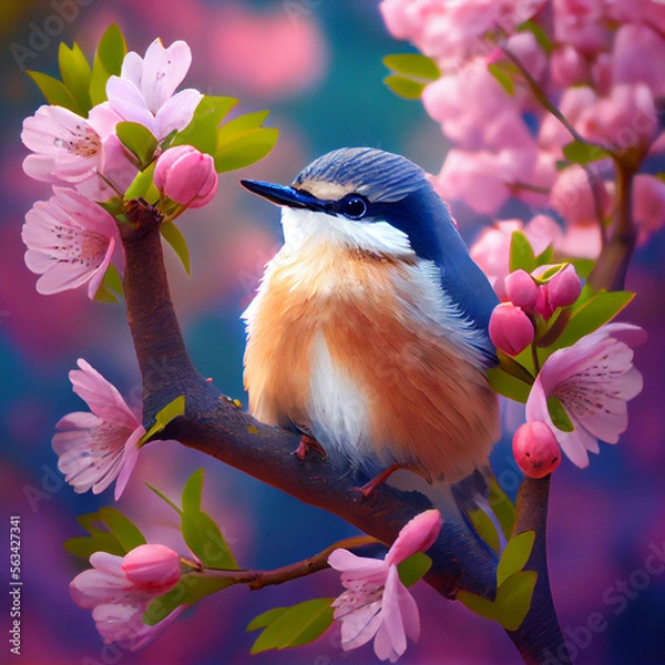 Obraz Cute bird perched on cherry blossom tree branch, beautiful spring illustration