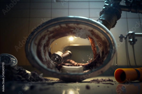 Fototapeta Blockage in sink, pipes clogged with waste. Generation AI