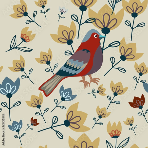 Fototapeta Seamless pattern with a bird and flowers. Vector file for designs.