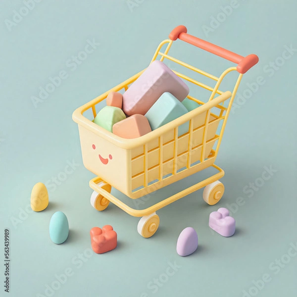 Fototapeta Cute & whimsical 3D shopping cart icon character perfect for e-commerce, retail projects, website icons, app buttons, marketing materials. Adorable cartoon-like design, cheerful colors, generative ai