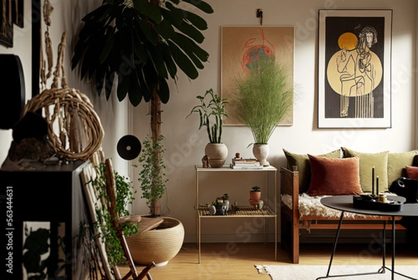 Obraz Modern living room interior design with plants Generative AI