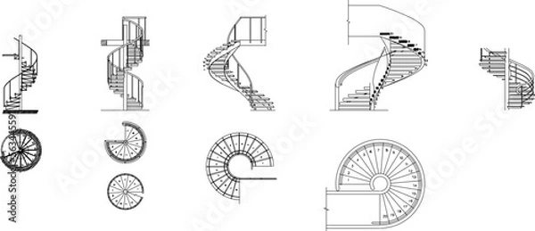 Fototapeta set of sketches vector illustration of spiral staircase design