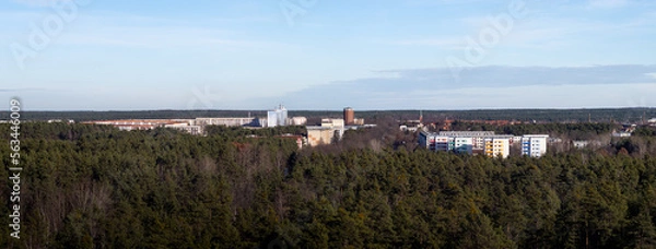 Obraz Landscape of Weißwasser in Upper Lusatia, Saxony. Panoramic view with prefabricated buildings in the residential district. View from the observation tower next to the brown coal mining area.