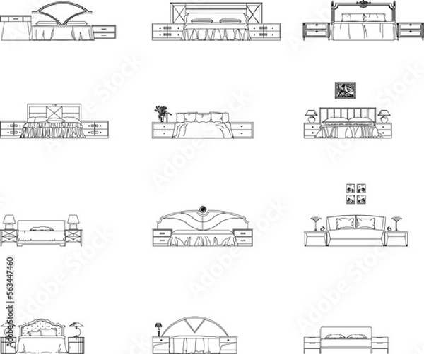 Fototapeta icons set sketch vector illustration of black and white bed front view