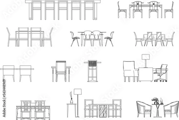 Fototapeta set of vector sketch illustration of black and white dining room table front view