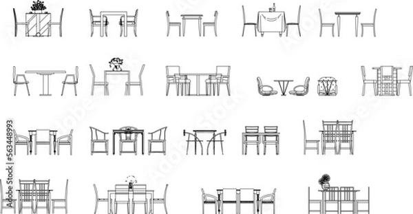 Fototapeta set of silhouettes  vector sketch illustration of black and white dining room table front view