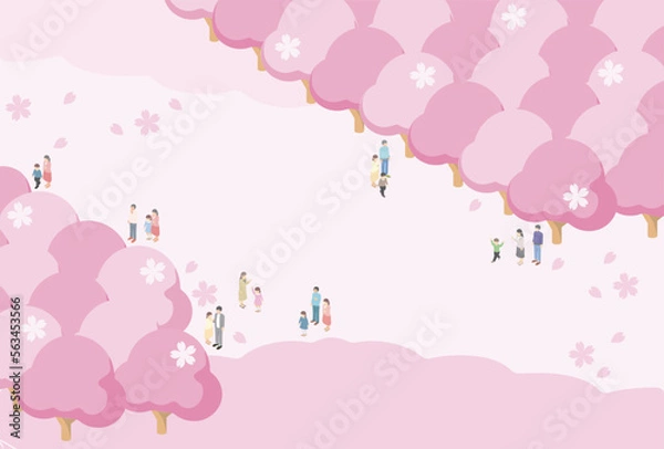 Fototapeta フレーム　アイソメトリック　家族　ファミリー　お花見　春　さくら　桜　背景　イラスト素材