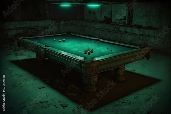 Fototapeta Classic Traditional Billiar and Pool Table, For Playing with Cue and Balls with friends, in a Dirty Bar, Generative AI