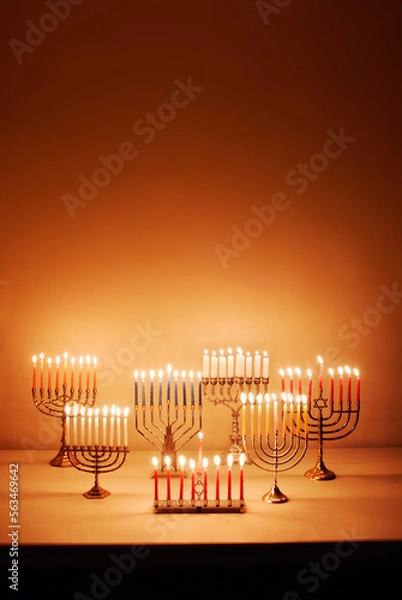 Obraz Group of Menorahs Lit for the Eighth Night of Hanukkah