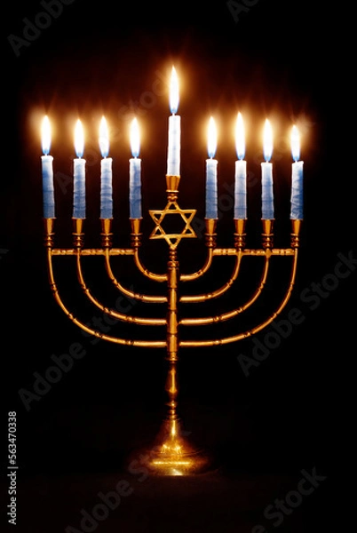 Obraz Menorah Lit for the Eighth Night of Hanukkah on a Black Background 