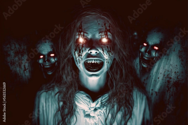 Fototapeta Possessed woman carrying all evil surrounded by evil spirits and demonic ghosts with you to death with a smile that gives you the shivers Generative AI